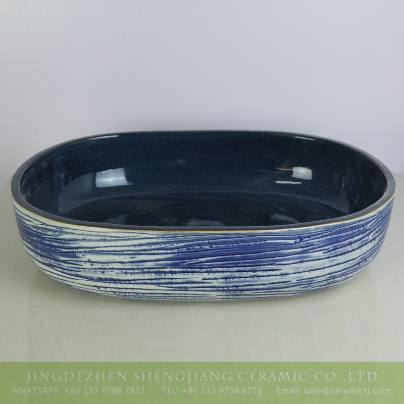 sjbyl-6002-（大椭圆）花釉蓝刀刻 sjbyl-6002 Famous porcelain city produce black smooth inside and blue stripe oval wash sink - shengjiang  ceramic  factory   porcelain art hand basin wash sink