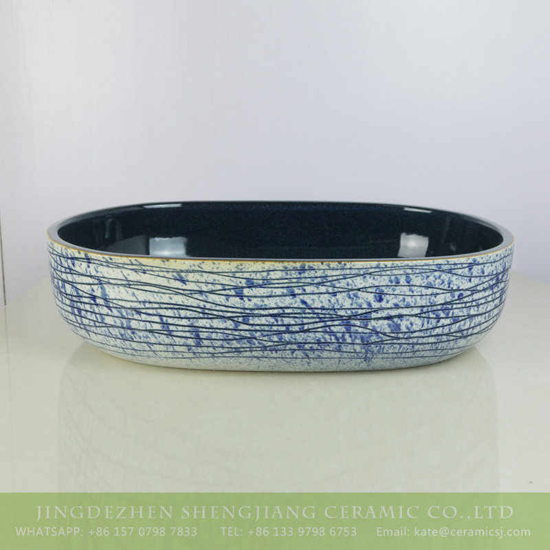 sjbyl-6003-（大椭圆）花釉蓝点波浪 sjbyl-6003  Antique blue and white stripes wash basin - shengjiang  ceramic  factory   porcelain art hand basin wash sink