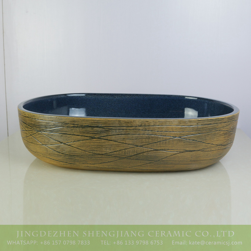 sjbyl-6008-（大椭圆）交叉细线花釉 sjbyl-6008   The best price hand carved surface and smooth black color inside sink - shengjiang  ceramic  factory   porcelain art hand basin wash sink