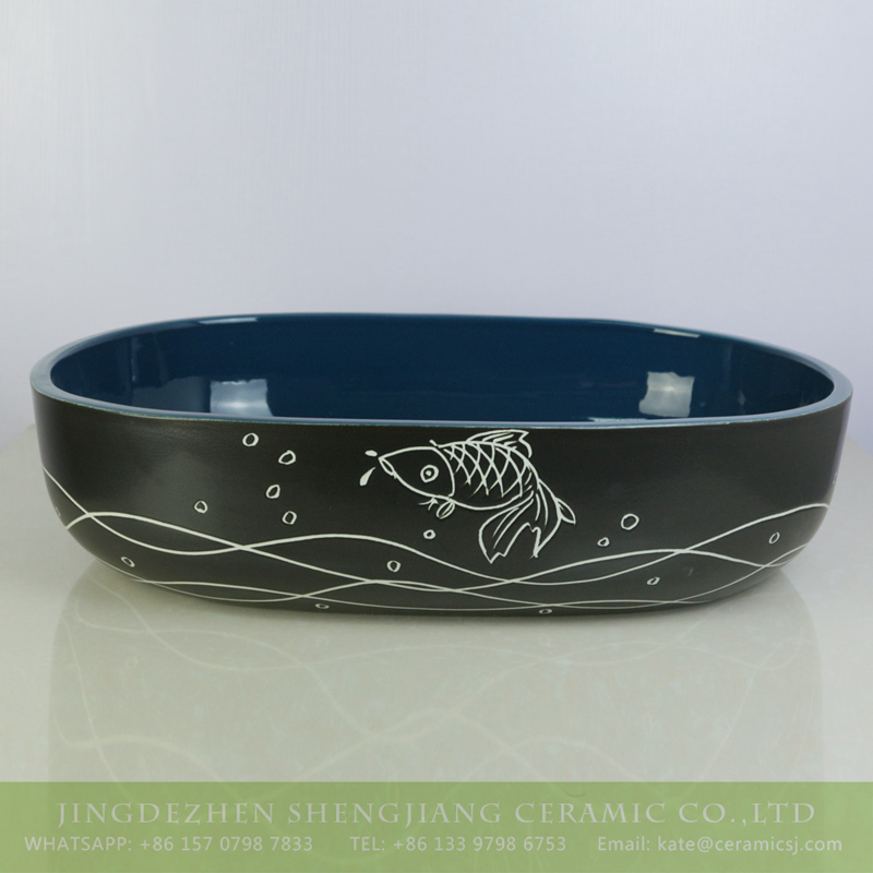 sjbyl-6009-（大椭圆）金鱼 sjbyl-6009  Hot sale produce black smooth ceramic with hand painted fish pattern wash sink - shengjiang  ceramic  factory   porcelain art hand basin wash sink