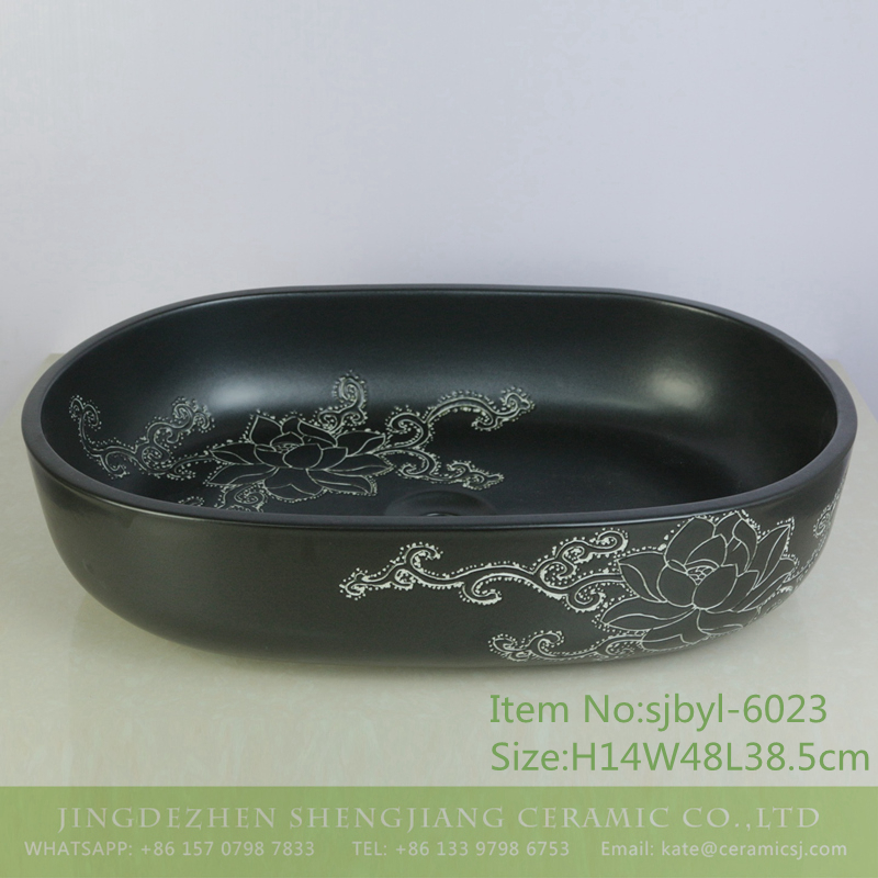sjbyl-6023-（大椭圆）黑荷藤蔓-1 sjbyl-6023  Daily ceramic basin large oval black lotus vine decorative pattern porcelain basin wash basin - shengjiang  ceramic  factory   porcelain art hand basin wash sink