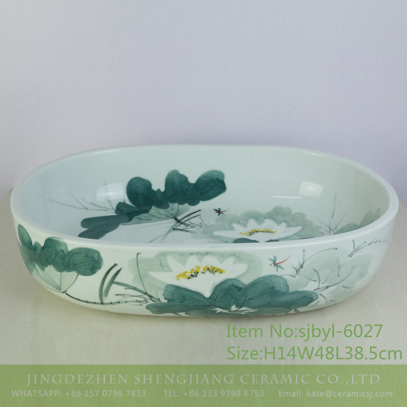 sjbyl-6027-（大椭圆）水墨绿荷 sjbyl-6027 Ink green lotus daily porcelain basin large oval porcelain basin wash basin - shengjiang  ceramic  factory   porcelain art hand basin wash sink