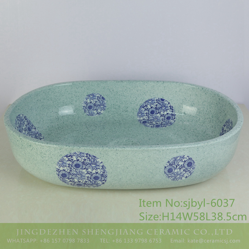 sjbyl-6037-大椭圆蓝墨点贴O菊满地 sjbyl-6037 Daily ceramic basin blue ink point decal chrysanthemum large oval porcelain basin wash basin - shengjiang  ceramic  factory   porcelain art hand basin wash sink