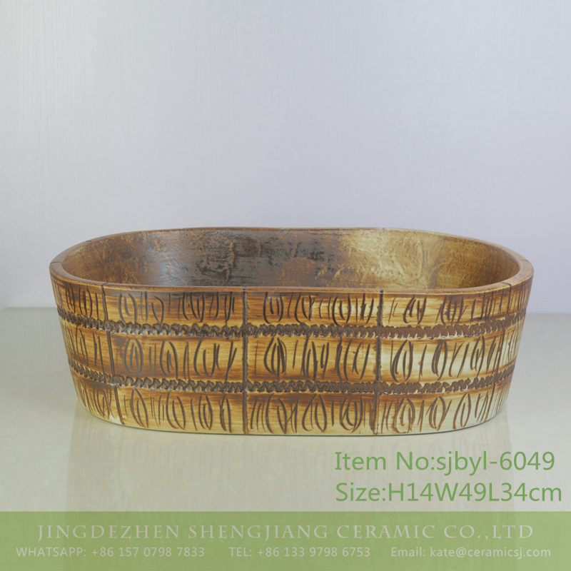 sjbyl-6049-（椭圆）木桶-1 sjbyl-6049 Woodgrain wash basin daily ceramic basin large oval porcelain basin - shengjiang  ceramic  factory   porcelain art hand basin wash sink