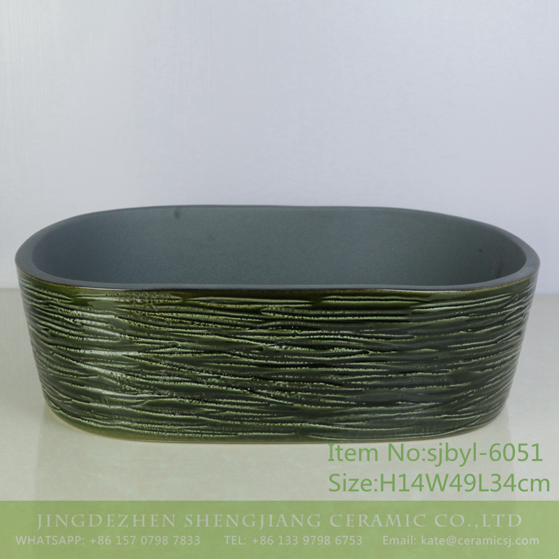 sjbyl-6051-（椭圆）内磨砂绿刀刻 sjbyl-6051 Inside frosted green knife carving wash basin daily ceramic basin large oval porcelain basin - shengjiang  ceramic  factory   porcelain art hand basin wash sink