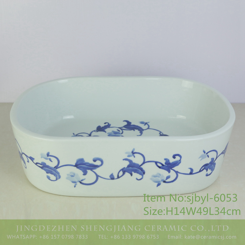 sjbyl-6053-（椭圆）青花玫瑰 sjbyl-6053 Traditional blue and white rose wash basin daily ceramic basin large oval porcelain basin - shengjiang  ceramic  factory   porcelain art hand basin wash sink