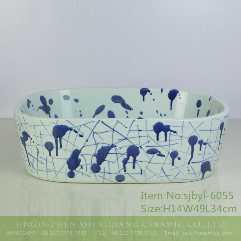 sjbyl-6055-（椭圆）线条青花泼洒 sjbyl-6055Wash basin daily ceramic basin large oval porcelain basin line blue and white splatter - shengjiang  ceramic  factory   porcelain art hand basin wash sink