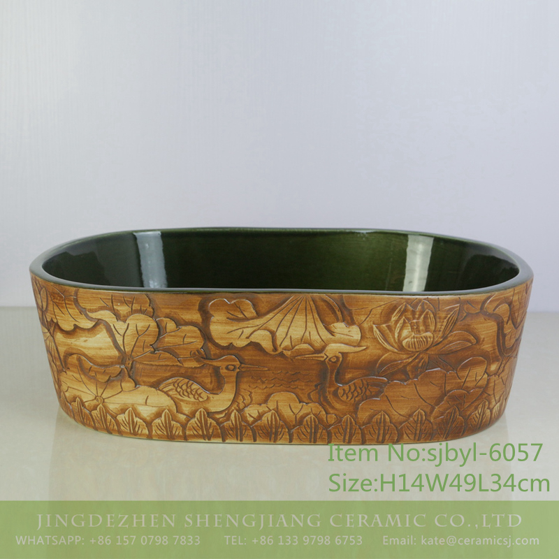 sjbyl-6057-（椭圆）鸳鸯雕荷 sjbyl-6057 Wash basin daily ceramic basin large oval porcelain basin mandarin duck carving lotus - shengjiang  ceramic  factory   porcelain art hand basin wash sink