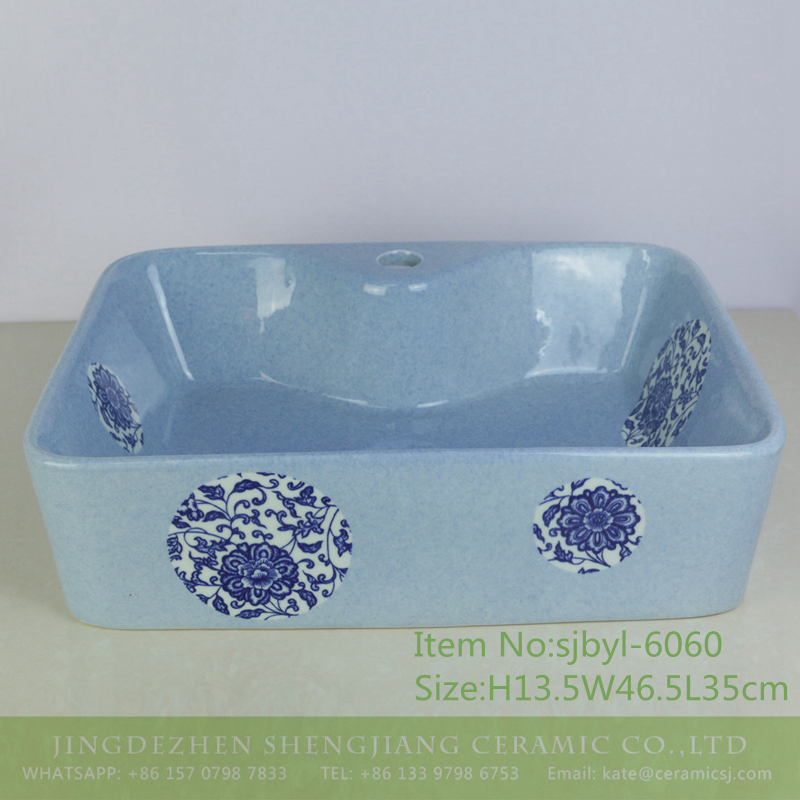 sjbyl-6060-（长方形带孔）蓝点贴O穿枝莲 sjbyl-6060 Blue dots through the branches of the lotus wash basin household porcelain basin large oval porcelain basin - shengjiang  ceramic  factory   porcelain art hand basin wash sink