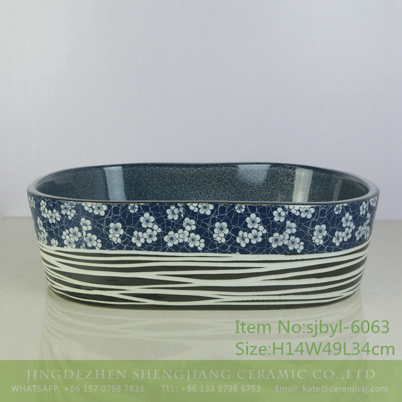 sjbyl-6063-（椭圆）花釉冰梅白线条 sjbyl-6063 Flower glaze plum white line wash basin daily ceramic basin large oval porcelain basin - shengjiang  ceramic  factory   porcelain art hand basin wash sink