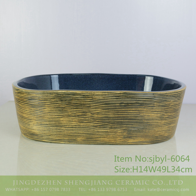 sjbyl-6064-（椭圆）花釉黄底线条 sjbyl-6064 Floral glaze yellow bottom line line wash basin daily ceramic basin large oval porcelain basin - shengjiang  ceramic  factory   porcelain art hand basin wash sink