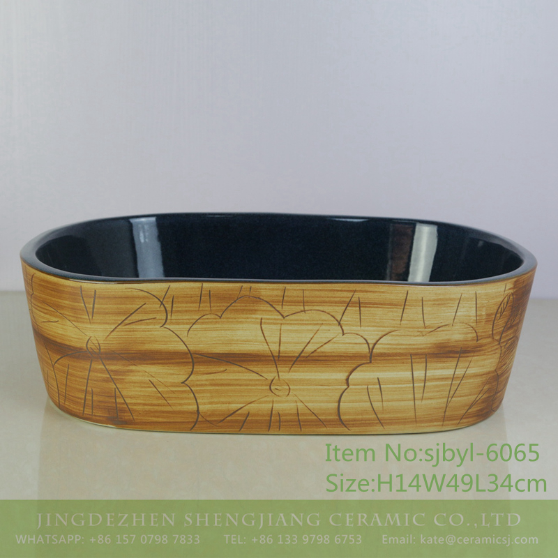 sjbyl-6065-（椭圆）花釉连叶荷 sjbyl-6065 Floral glaze yellow bottom line line wash basin daily ceramic basin large oval porcelain basin - shengjiang  ceramic  factory   porcelain art hand basin wash sink