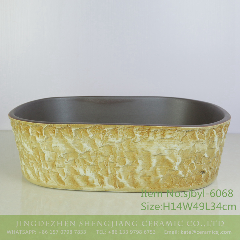 sjbyl-6068-（椭圆）咖色黄岩刻 sjbyl-6068 Coffee yellow rock pattern wash basin daily ceramic basin large oval porcelain basin - shengjiang  ceramic  factory   porcelain art hand basin wash sink