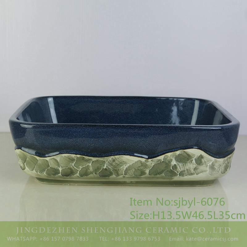 sjbyl-6076-（长）花釉青岩刻 sjbyl-6076 Celadon blue rock pattern washbasin daily ceramic basin large oval porcelain basin - shengjiang  ceramic  factory   porcelain art hand basin wash sink