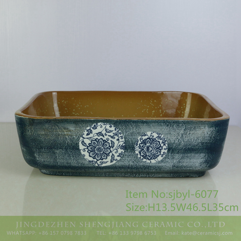 sjbyl-6077-（长）黄洒青泥贴O穿枝莲 sjbyl-6077 Internal yellow external cyan paste through the branches of the lotus wash basin ceramic basin for daily use large oval porcelain basin - shengjiang  ceramic  factory   porcelain art hand basin wash sink