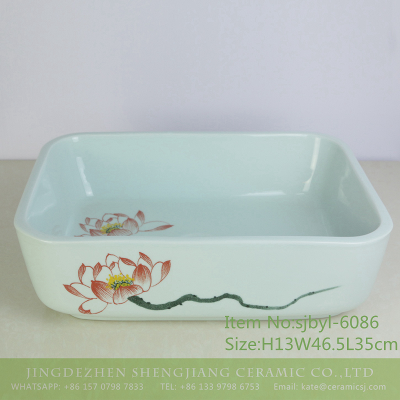 sjbyl-6086-（长）长枝写意荷 sjbyl-6086 Long branch freehand lotus flower wash basin daily ceramic basin large oval porcelain basin - shengjiang  ceramic  factory   porcelain art hand basin wash sink
