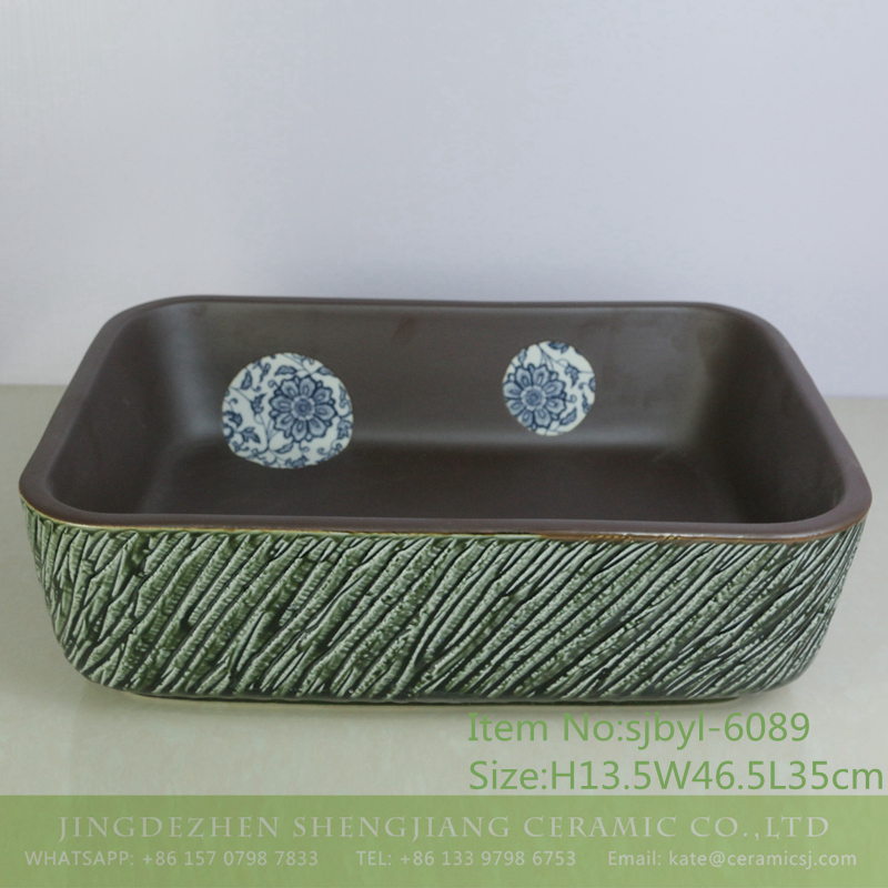 sjbyl-6089-（长）穿枝莲绿斜刻 sjbyl-6089 Through the branch lotus pattern green oblique carving wash basin daily ceramic basin large oval porcelain basin - shengjiang  ceramic  factory   porcelain art hand basin wash sink