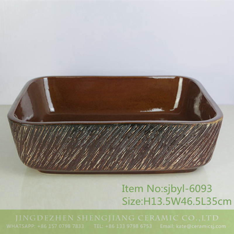 sjbyl-6093-（长）刀刻内黄 sjbyl-6093 Traditional style knife carving inside the yellow wash basin daily ceramic basin large oval porcelain basin - shengjiang  ceramic  factory   porcelain art hand basin wash sink