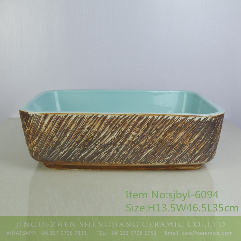 sjbyl-6094-（长）刀刻内蓝 sjbyl-6094 Contracted vogue knife engrave inside blue wash basin daily use pottery and porcelain basin big ellipse porcelain basin - shengjiang  ceramic  factory   porcelain art hand basin wash sink