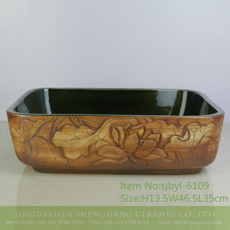 sjbyl-6109-（长）绿铁红雕荷 sjbyl-6109 Carved green iron red lotus flower wash basin daily ceramic basin large oval porcelain basin - shengjiang  ceramic  factory   porcelain art hand basin wash sink