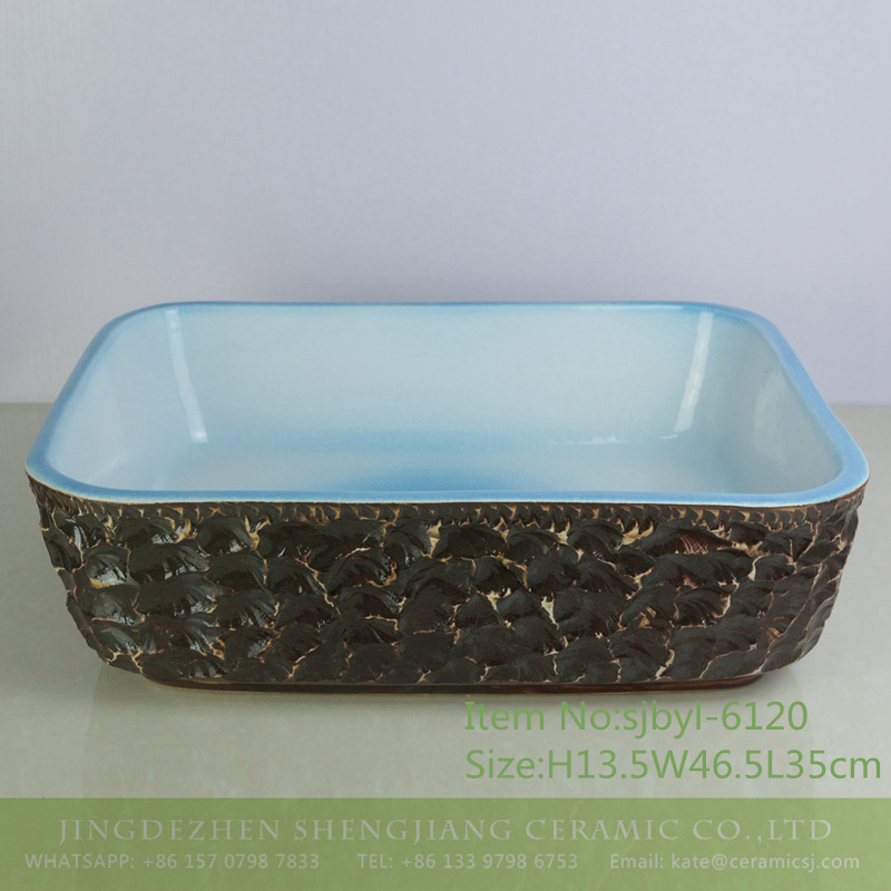 sjbyl-6120- sjbyl-6120 Ceramic basin interior blue exterior deep brown concave and convex design wash basin daily basin is resistant to dirt high quality - shengjiang  ceramic  factory   porcelain art hand basin wash sink