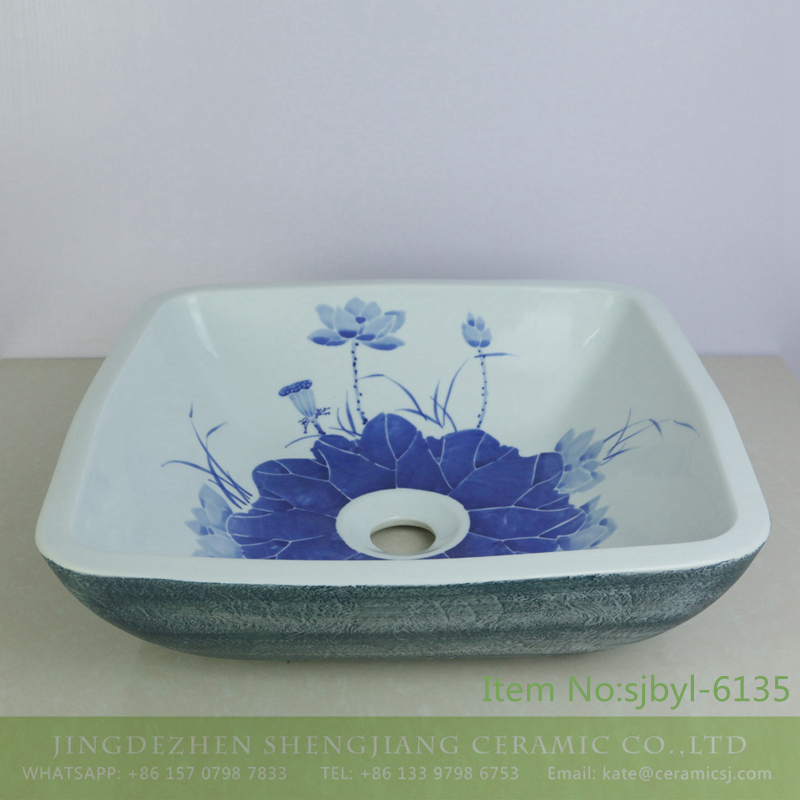 sjbyl-6135-（正）青泥荷 sjbyl-6135 The lavabo of green clay and lotus printing style  ceramic basin Chinese traditional style  pure and fresh quietly elegant - shengjiang  ceramic  factory   porcelain art hand basin wash sink