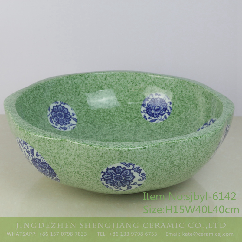 sjbyl-6142-（花瓣罗汉）豆绿贴O穿枝莲 sjbyl-6142 Soybean green decal chrysanthemum traditional simple but elegant ceramic basin wash basin wash basin household appliances - shengjiang  ceramic  factory   porcelain art hand basin wash sink