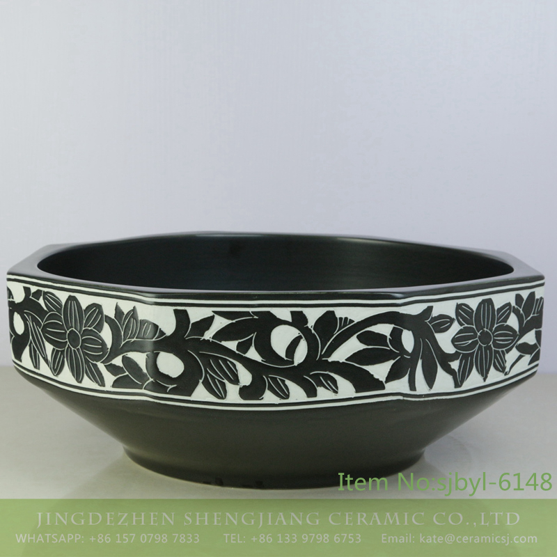 sjbyl-6148-八角黑白花-1 sjbyl-6148 China ceramic basin daily high-grade ceramic wash basin octagonal black and white pattern - shengjiang  ceramic  factory   porcelain art hand basin wash sink