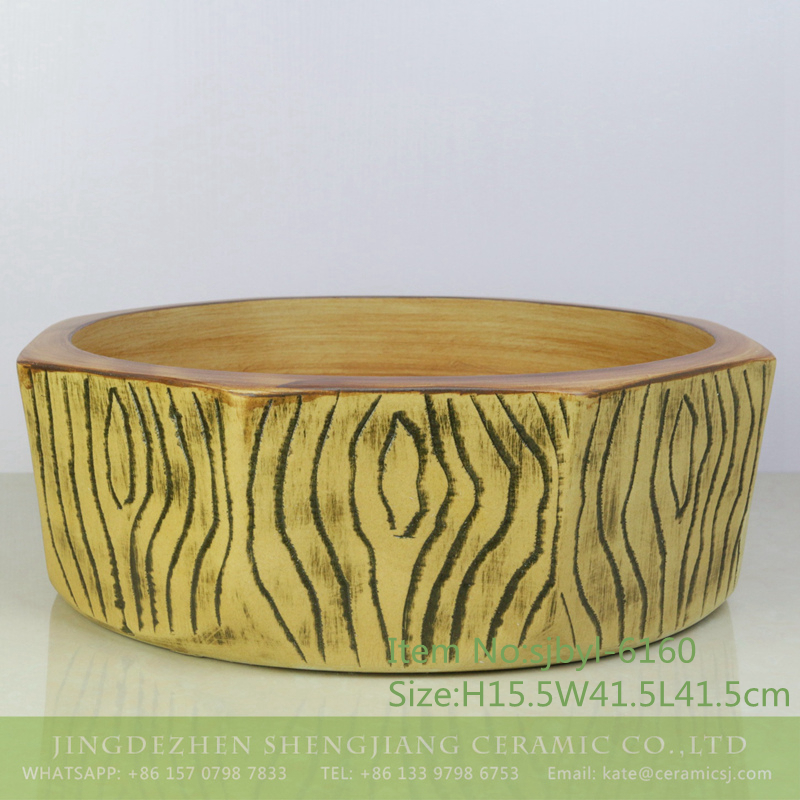 sjbyl-6160-（八角）-原木树桩 sjbyl-6160 Shengjiang household washroombasin ceramicbasin Hand  painted hand  made  basin with original wood colored tree stump pattern - shengjiang  ceramic  factory   porcelain art hand basin wash sink