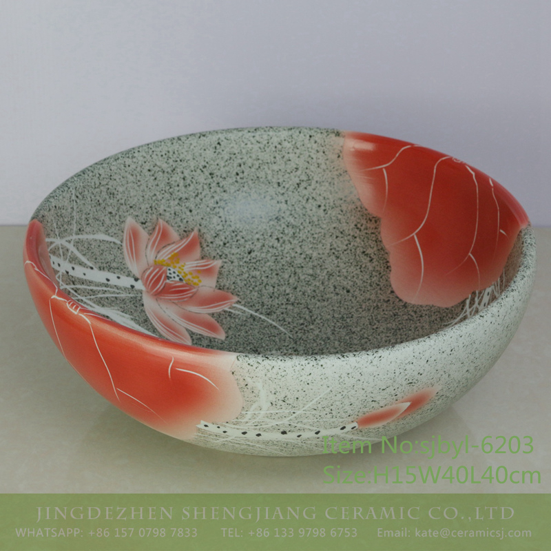 sjbyl-6203-墨点红荷 sjbyl-6203 Ink point red lotus porcelain basin wash basin beautiful Chinese porcelain daily necessities bathroom washbasin - shengjiang  ceramic  factory   porcelain art hand basin wash sink