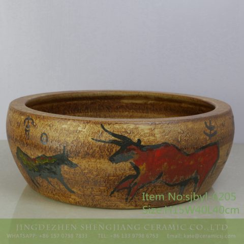 sjbyl-6205 Beautiful artistic bullfight pattern ceramic jingdezhen porcelain wash basin bathroom wash sink