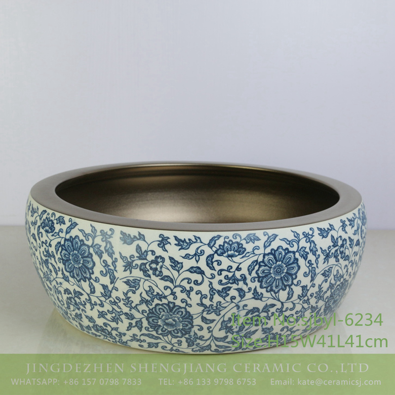 sjbyl-6234-亚光金外穿枝莲-1 sjbyl-6234 Matte gold exterior through the branches of the lotus interior smooth wash basin porcelain porcelain household decoration - shengjiang  ceramic  factory   porcelain art hand basin wash sink