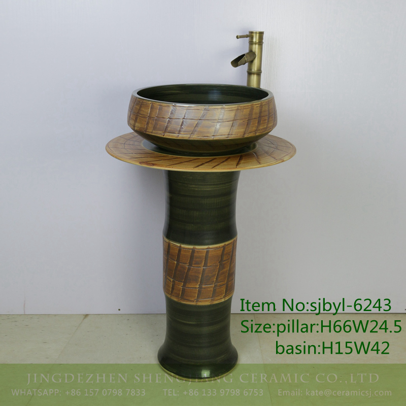 sjbyl-6243-绿斜刀刻 sjbyl-6243 Jingdezhen porcelain porcelain basin wash basin green twill knife carving pattern daily wash basin bathroom balcony - shengjiang  ceramic  factory   porcelain art hand basin wash sink