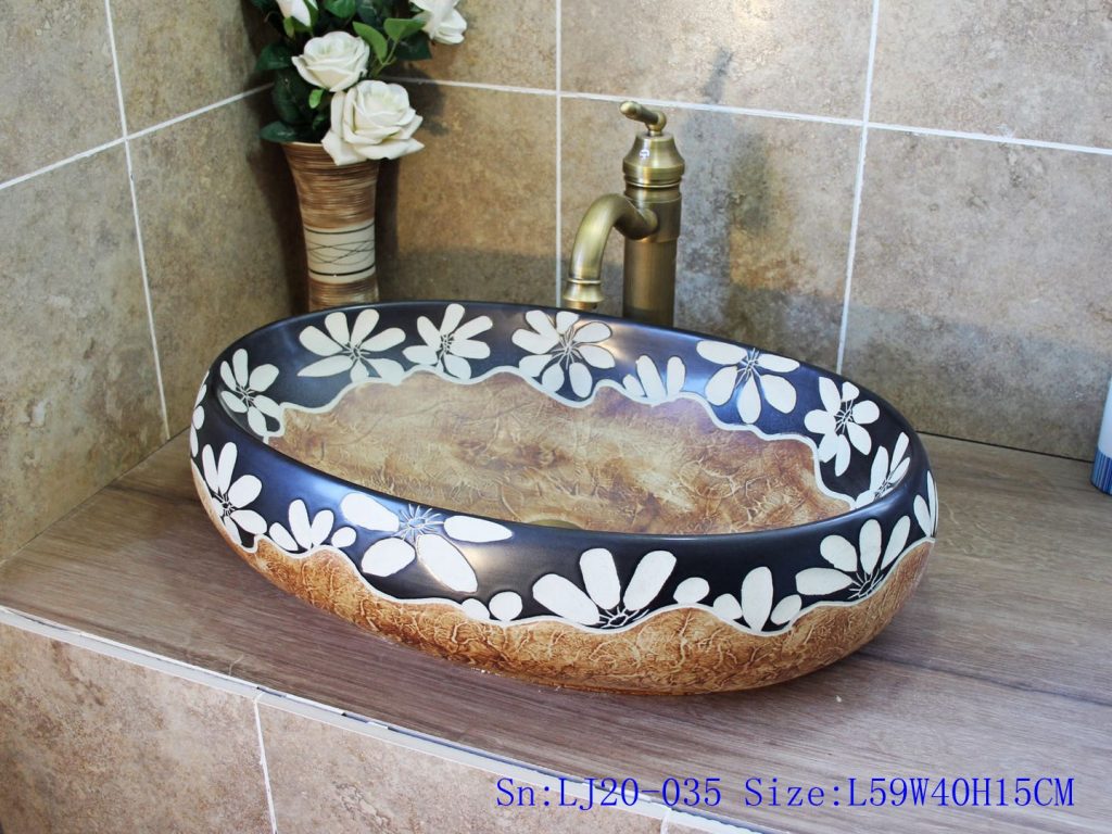 LJ20-035-1-1024x768 LJ20-035 Hand-painted white flower ceramic wooden wax gourd shaped washbasin - shengjiang  ceramic  factory   porcelain art hand basin wash sink