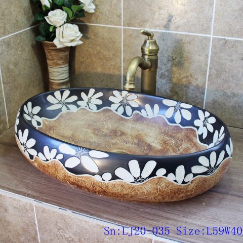 LJ20-035 Hand-painted white flower ceramic wooden wax gourd shaped washbasin