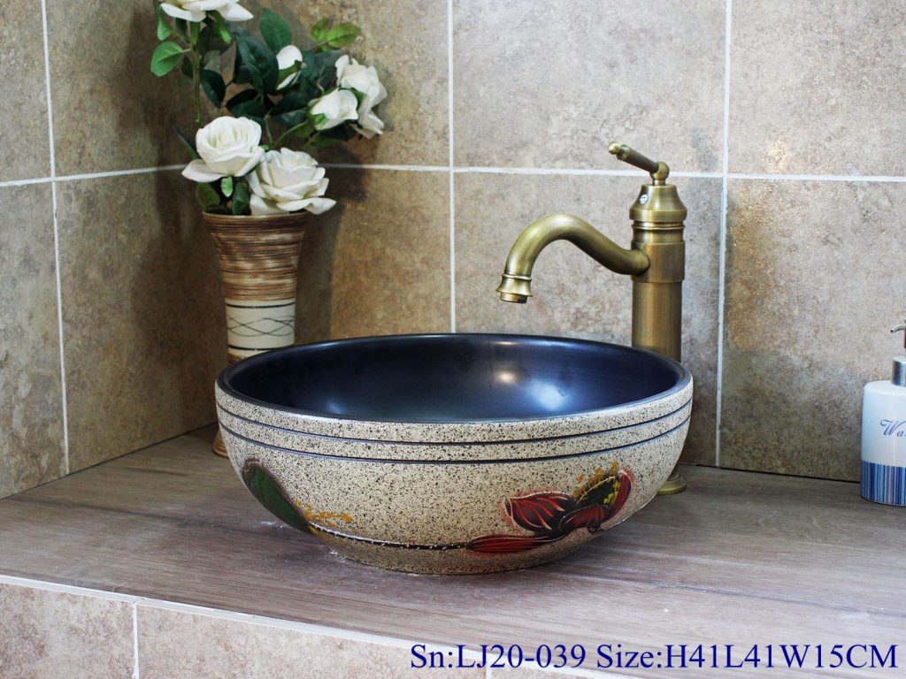 LJ20-039-1024x768 LJ20-039 Delicate hand - painted lotus and lotus leaf round washbasin - shengjiang  ceramic  factory   porcelain art hand basin wash sink