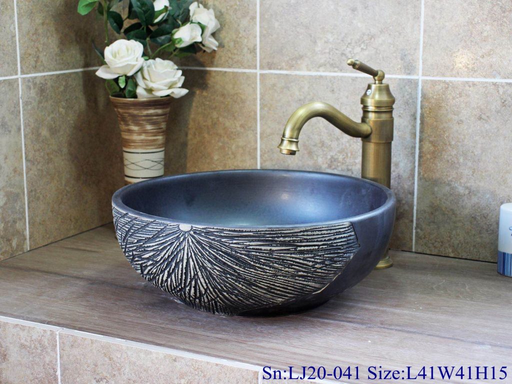 LJ20-041-1024x768 LJ20-041 Hand-carved round washbasin with blue lotus leaf - shengjiang  ceramic  factory   porcelain art hand basin wash sink