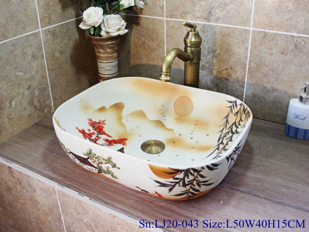 LJ20-043-1024x768 LJ20-043 Hand-painted remote sunset design square washbasin - shengjiang  ceramic  factory   porcelain art hand basin wash sink