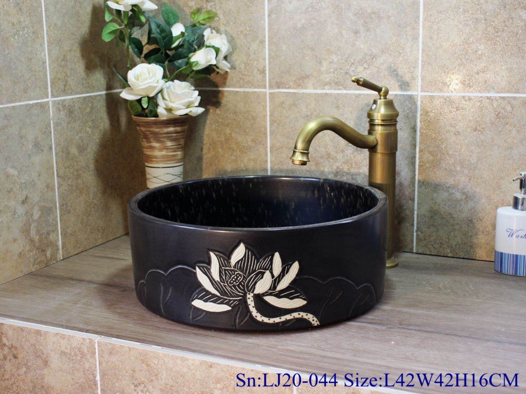 LJ20-044-1024x768 LJ20-044 Hand - painted lotus pattern dark square washbasin - shengjiang  ceramic  factory   porcelain art hand basin wash sink