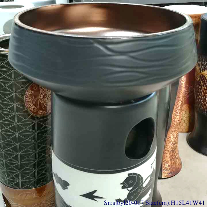 sjbyl20-017-内亚金外黑水波纹波浪纹 sjby120-017 Jingdezhen hand-painted black water outside the gold wavy pattern washbasin - shengjiang  ceramic  factory   porcelain art hand basin wash sink