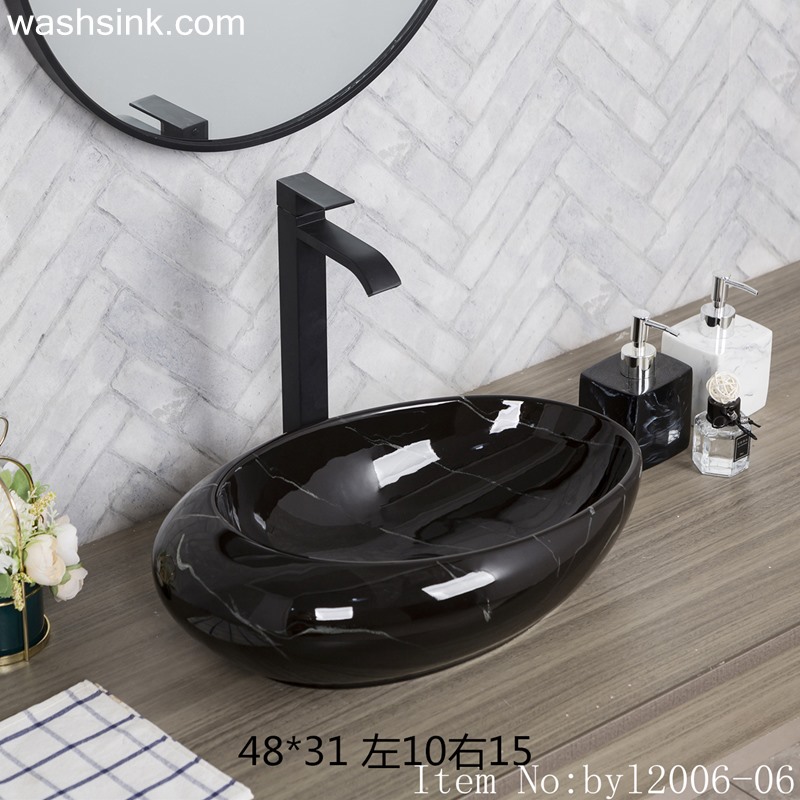 byl2006-06 byl2006-06 Hand-made oval wash basin with light black and white silk glazed - shengjiang  ceramic  factory   porcelain art hand basin wash sink