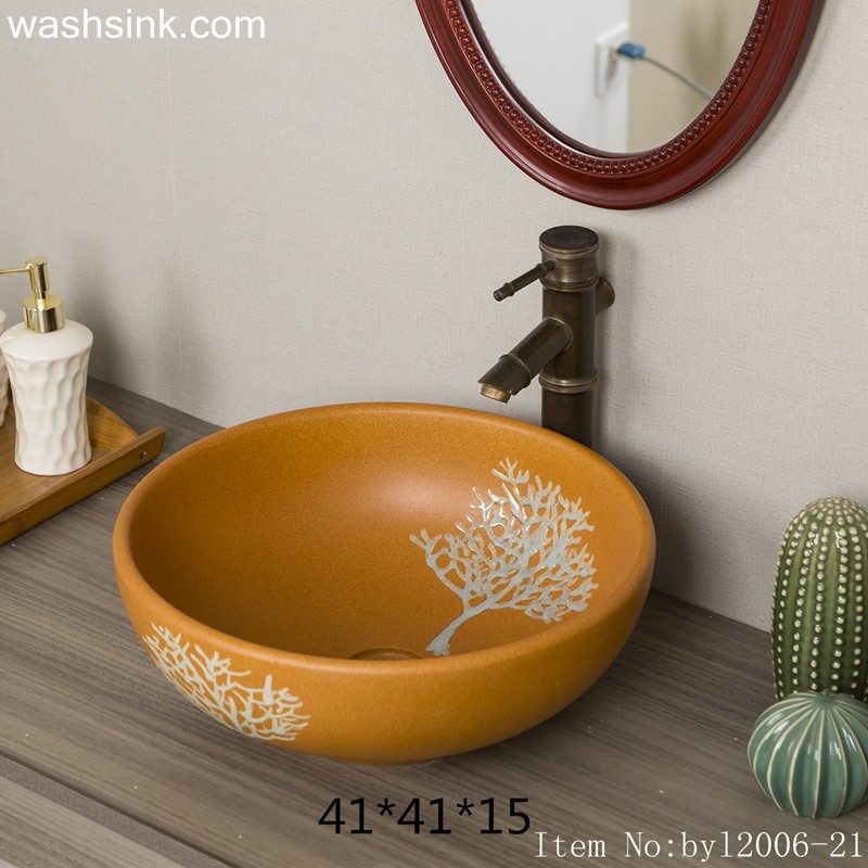 byl2006-21 byl2006-21 Shengjiang hand-painted tree pattern yellow round ceramic washbasin - shengjiang  ceramic  factory   porcelain art hand basin wash sink