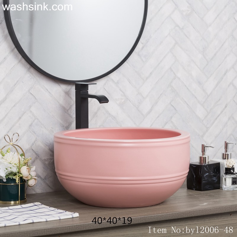 byl2006-48-1 byl2006-48 Jingdezhen texture matte peach blossom pink round ceramic washbasin with coil - shengjiang  ceramic  factory   porcelain art hand basin wash sink