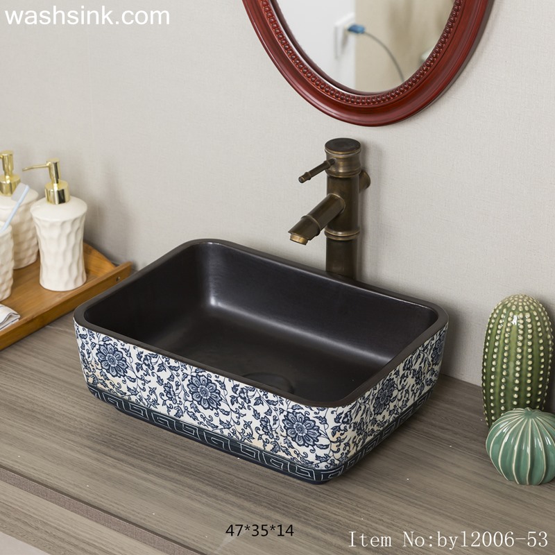 byl2006-53-1 byl2006-53 Jingdezhen Ceramic washbasin with blue and white pattern on black background - shengjiang  ceramic  factory   porcelain art hand basin wash sink