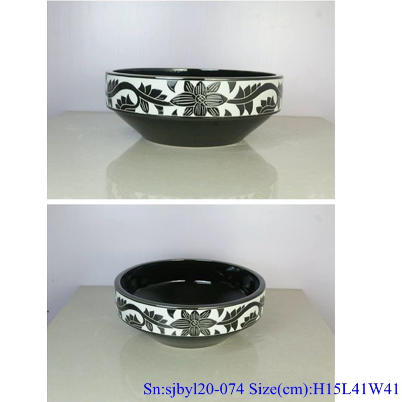sjbyl20-074-藤曼黑白花85 sjby120-074 Hand painted wash basin with black and white patterns in Jingdezhen - shengjiang  ceramic  factory   porcelain art hand basin wash sink