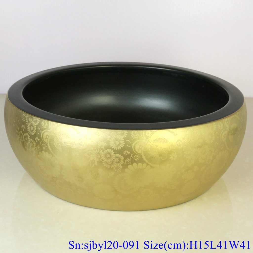 sjbyl20-091-台盆-金属釉和电镀系列-亚黑金蝶舞-1024x1024 sjby120-091 Jingdezhen hand painted sub black gold butterfly dance pattern washbasin - shengjiang  ceramic  factory   porcelain art hand basin wash sink