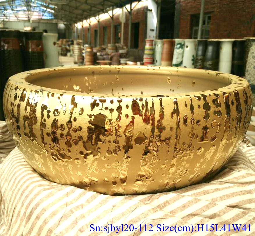 sjbyl20-112-台盆-金属釉和电镀系列-全泼洒镀金 sjby120-112 Shengjiang handmade Wash basin with gold plated pattern - shengjiang  ceramic  factory   porcelain art hand basin wash sink