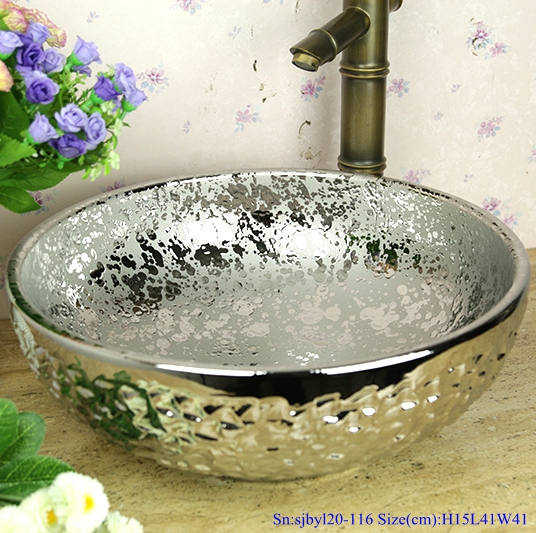 sjbyl20-116-台盆-金属釉和电镀系列-内泼洒外岩刻全镀银 sjby120-116 Jingdezhen wash basin with splash gold and rock carvings - shengjiang  ceramic  factory   porcelain art hand basin wash sink