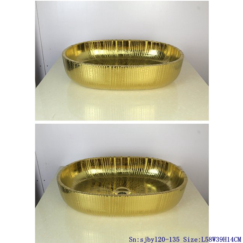sjbyl20-135-台盆-金属釉和电镀系列-金色光线160 sjby120-135 Jingdezhen Ceramic wash basin with golden light pattern - shengjiang  ceramic  factory   porcelain art hand basin wash sink