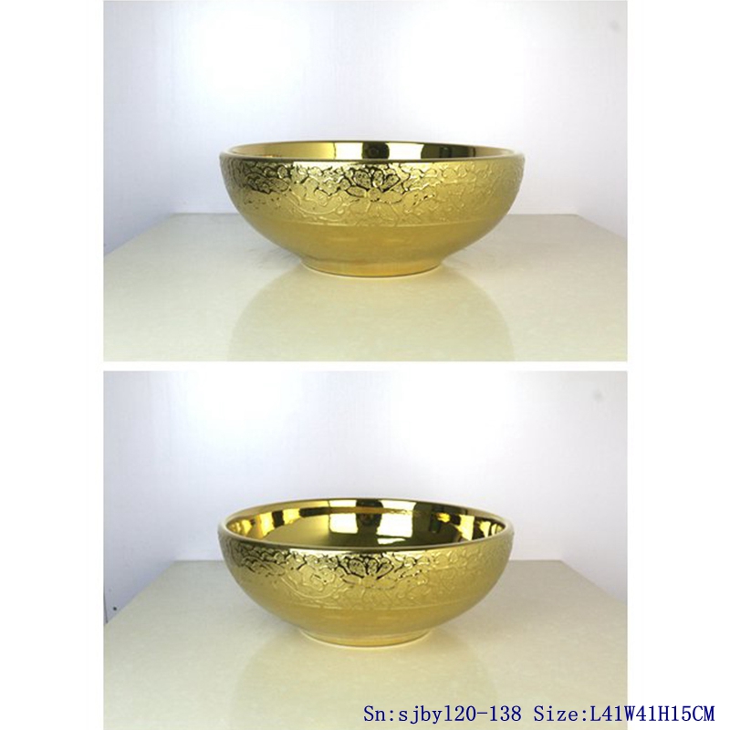 sjbyl20-138-台盆-金属釉和电镀系列-金菊瓣 sjby120-138 Ceramic round washbasin with golden chrysanthemum pattern - shengjiang  ceramic  factory   porcelain art hand basin wash sink